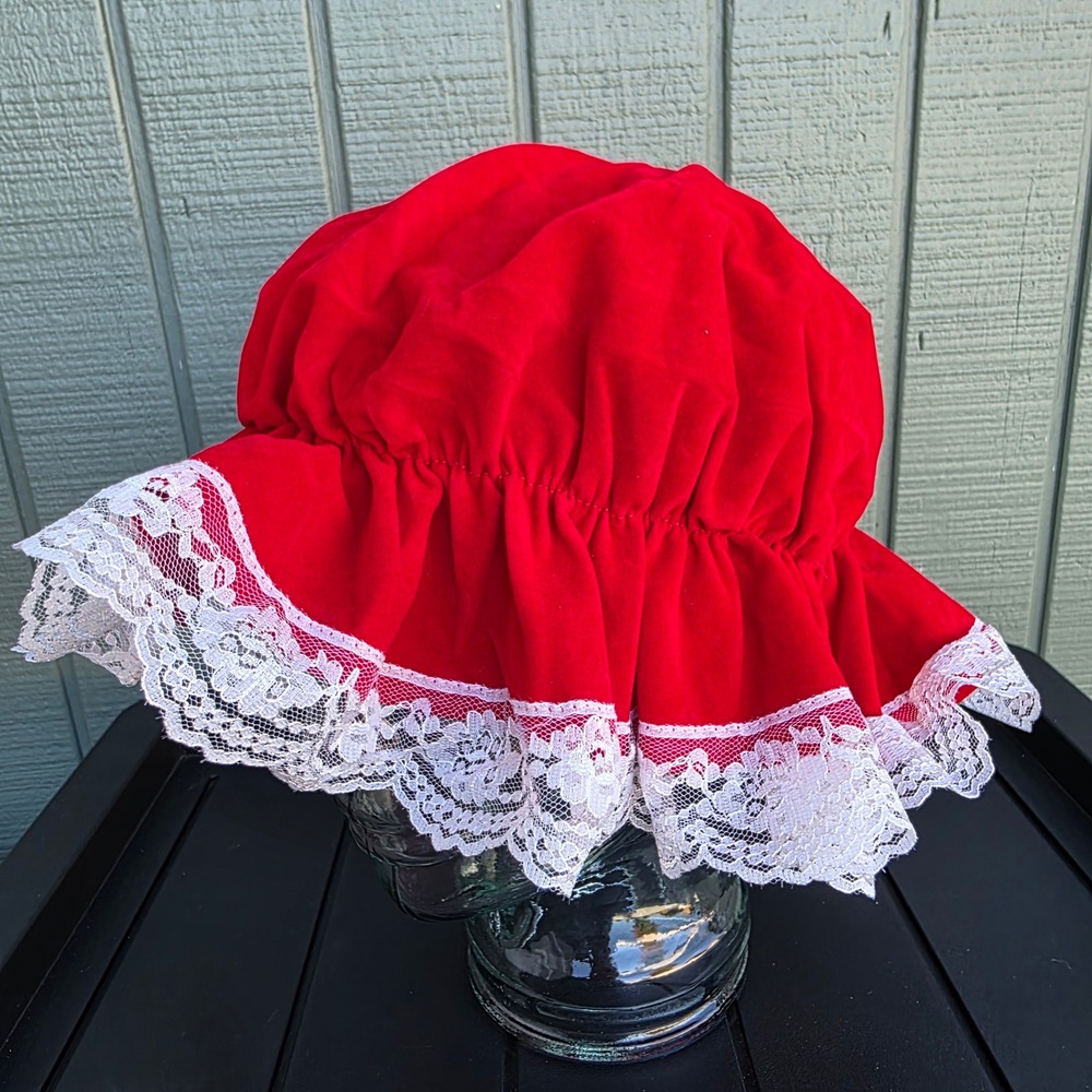 Handmade Bonnet Costume Hat Womens OS Red Velvet Lace Prairie Coquette